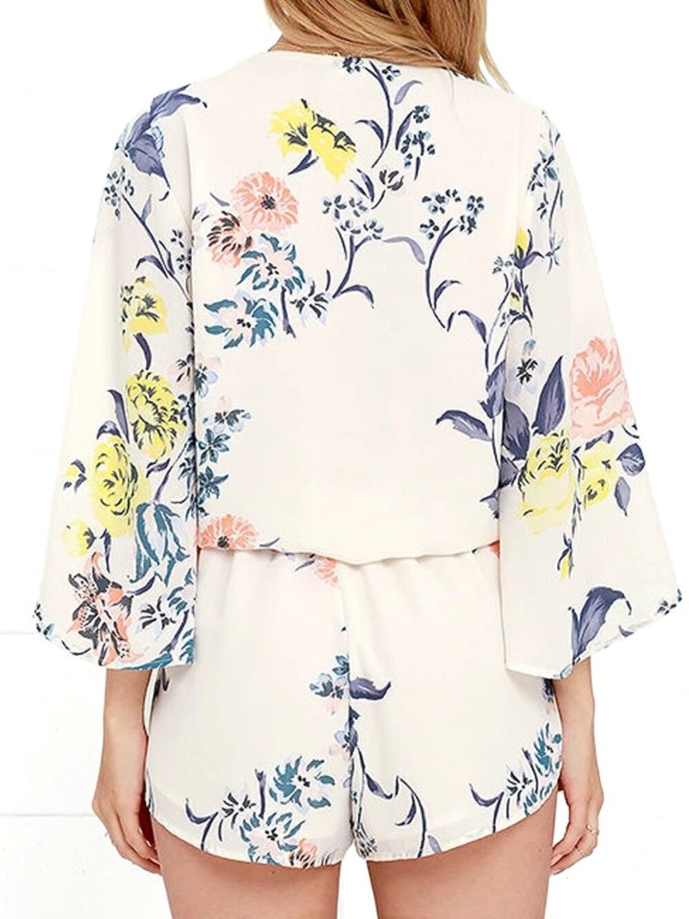 NWT Cream Floral Bell-Sleeve Romper - Women's Size L 1-Pc Kimono-Style Short Set - Picture 8 of 9
